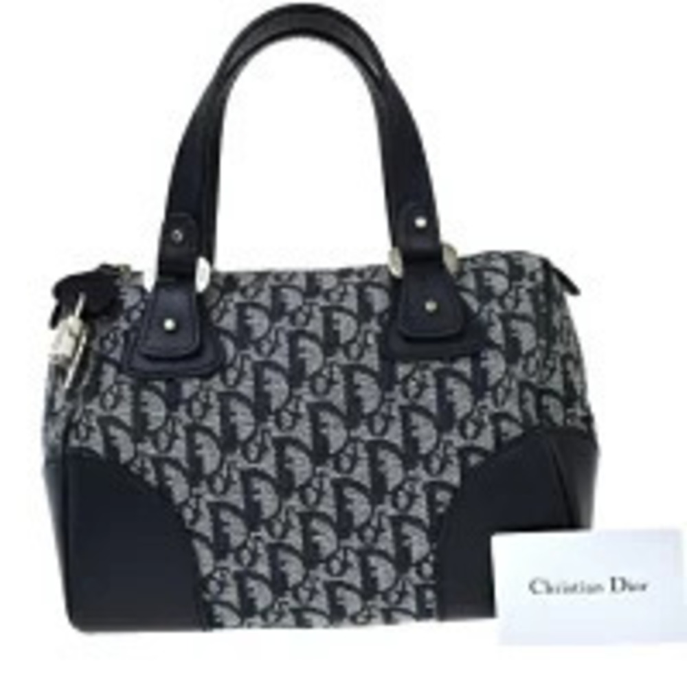 Christian Dior Trotter Handbag Boston Navy Blue Canvas Leather Padlock